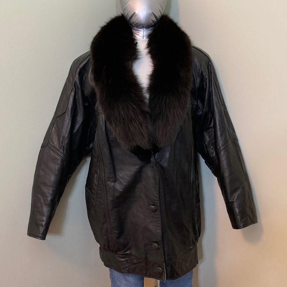 Women's Black Leather Jacket with Luxurious Black Fur Collar